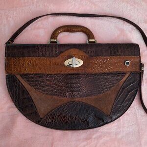 vintage Italian Leather Handbag Bag Brown Faux Croc Embossed Suede Top Handle